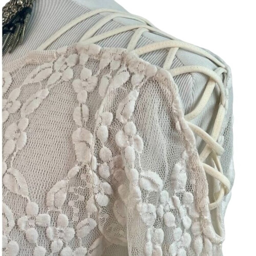 Free People White Sheer Lace Lace Up Shoulder Top XS | Balletcore Coquette Siren - Picture 6 of 11
